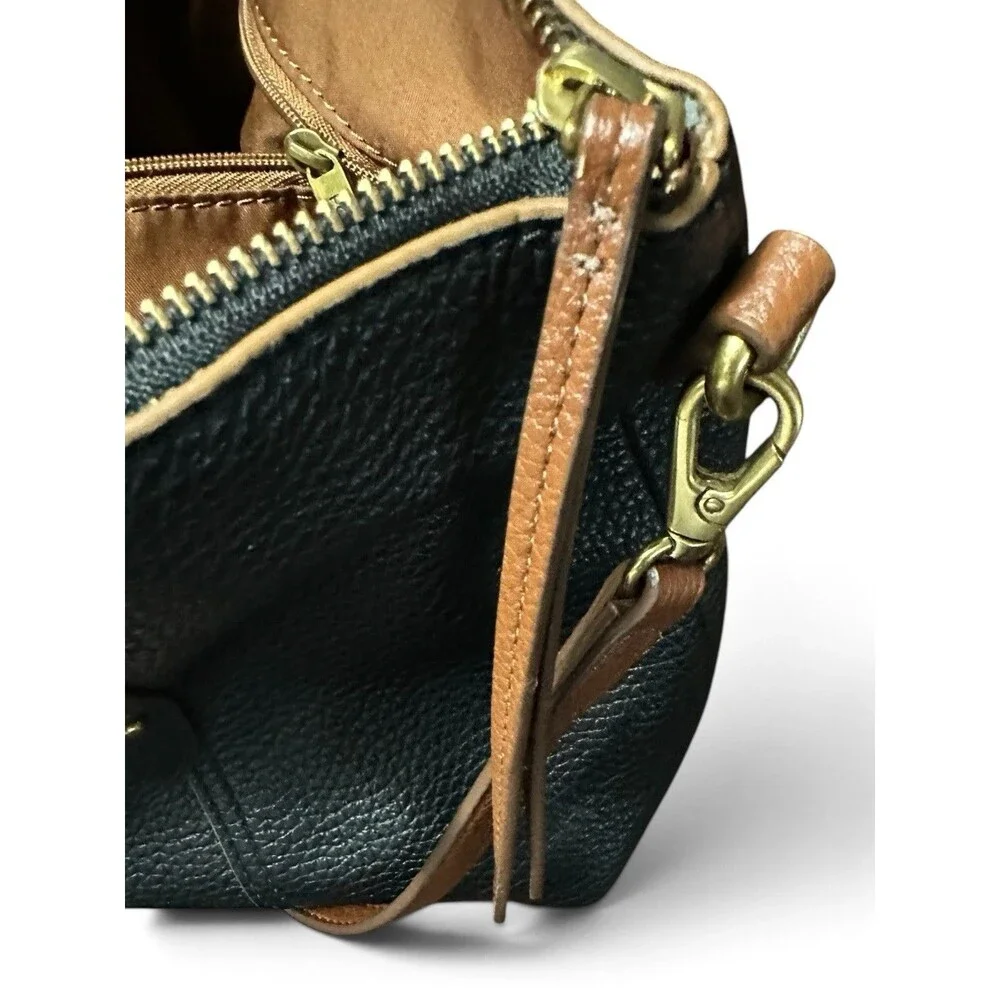 Fossil Black Leather Crossbody Satchel Bag Brown Strap Zip Top